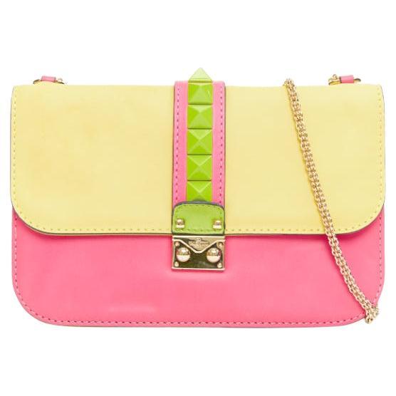 VALENTINO Glam Lock yellow green pink Rockstud leather push lock flap chain bag