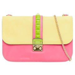 VALENTINO Glam Lock yellow green pink Rockstud leather push lock flap chain bag