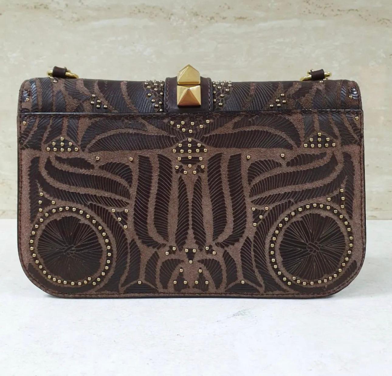 Black Valentino Glamrock Brown Leather Embroidered Bag For Sale