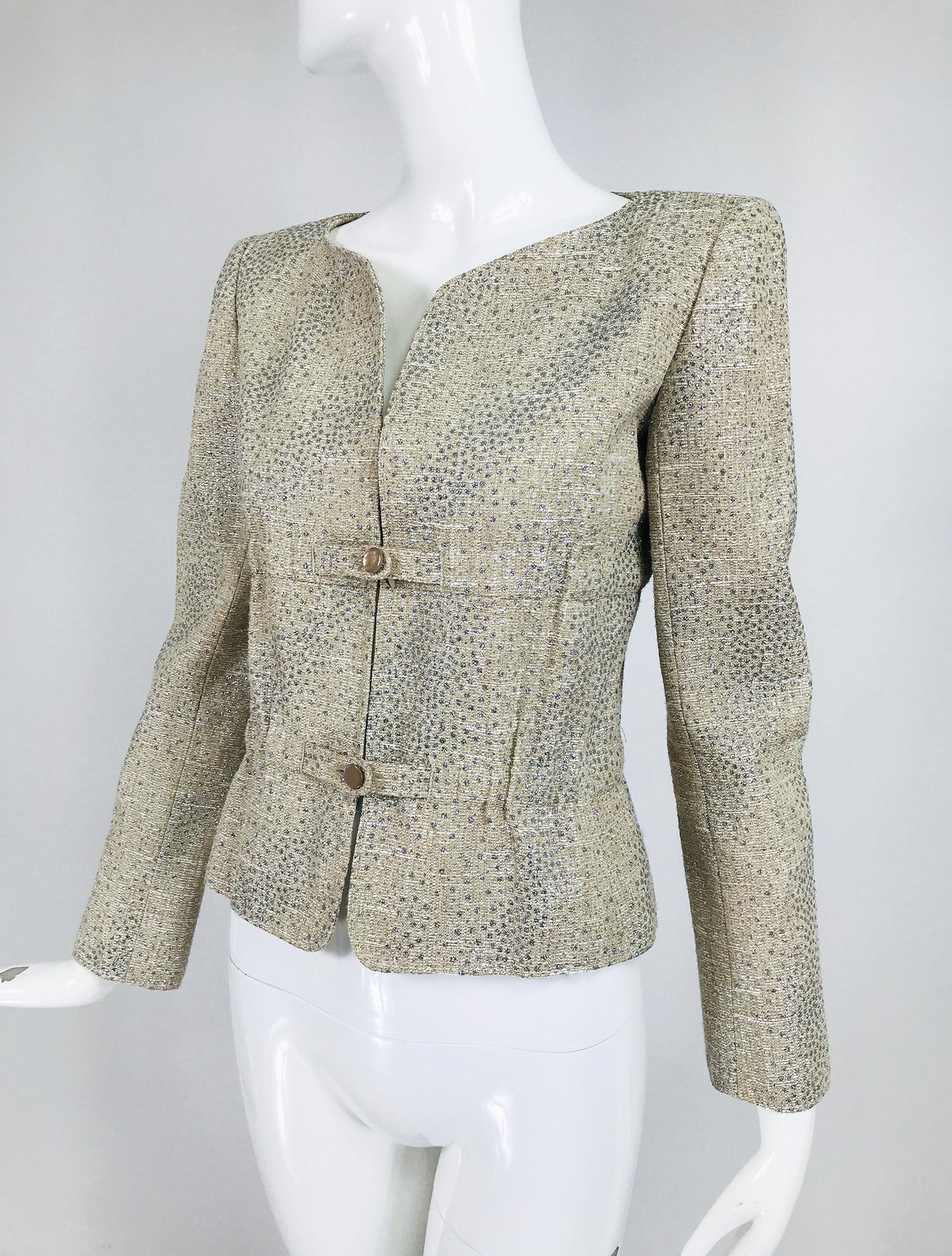 Valentino glitter silver dot metallic gathered waist jacket. This beautiful jacket is silver grey or silver taupe, depending on the light, slub woven fabric sprinkled with tiny and small glittery silver dots. Princess seamed, open neckline with