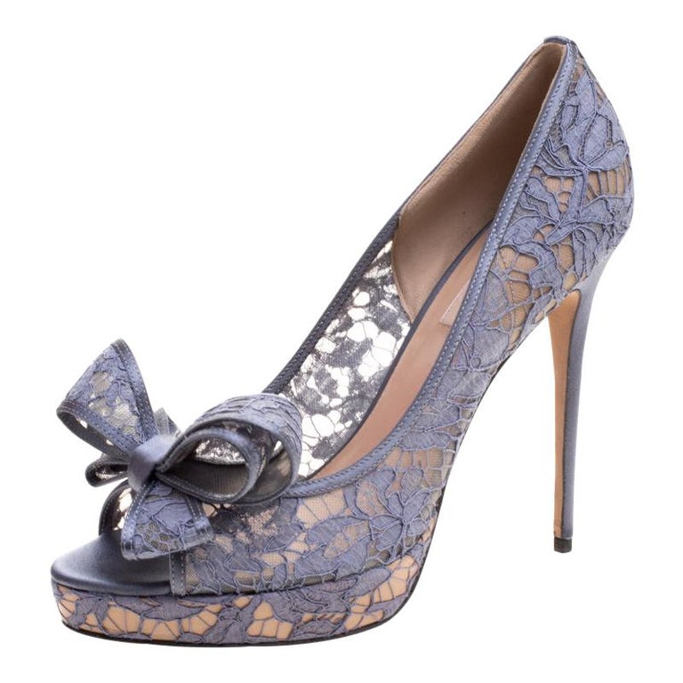 Valentino Glossy Grey Floral Lace Couture Bow Peep Toe Platform Pumps ...