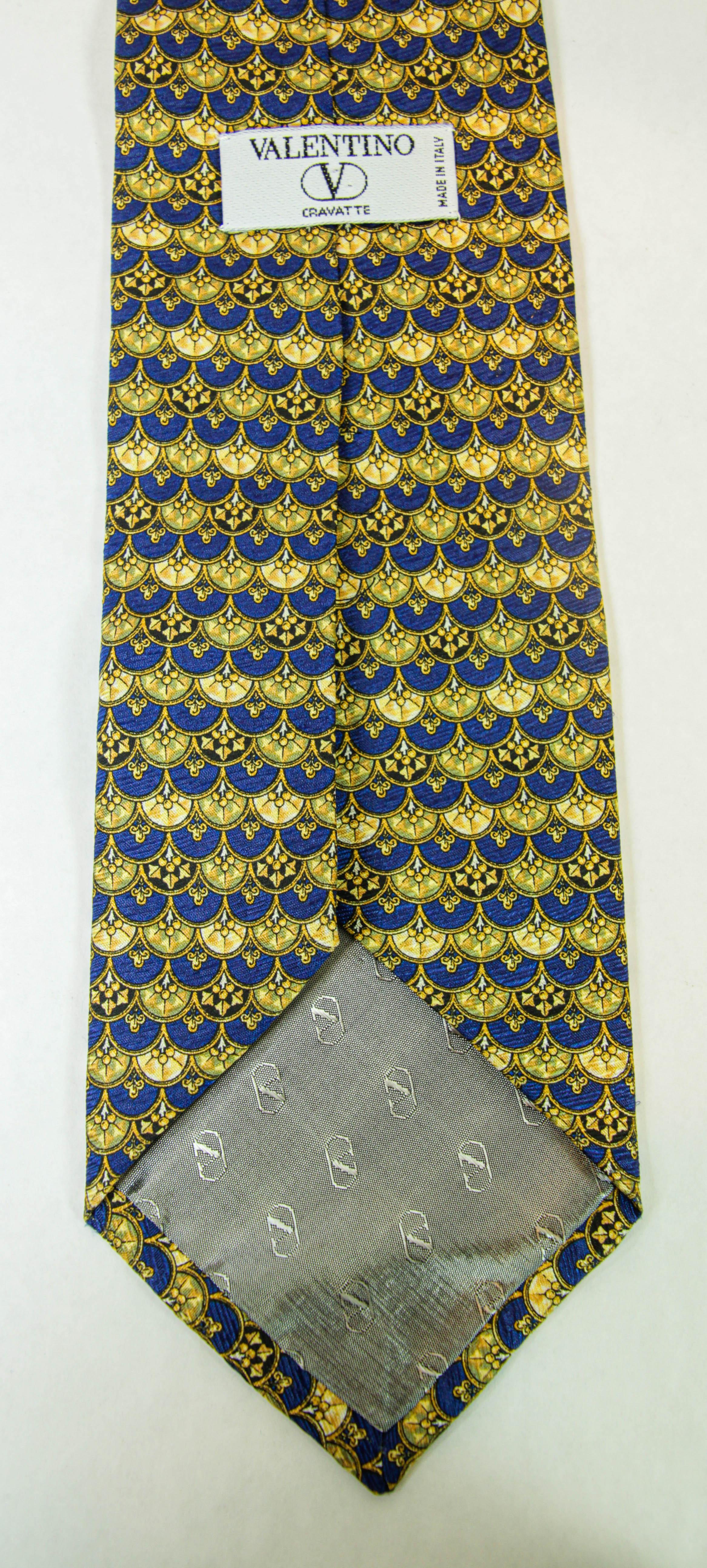 Men's VALENTINO Gold and Blue Silk Necktie Made in Italy For Sale