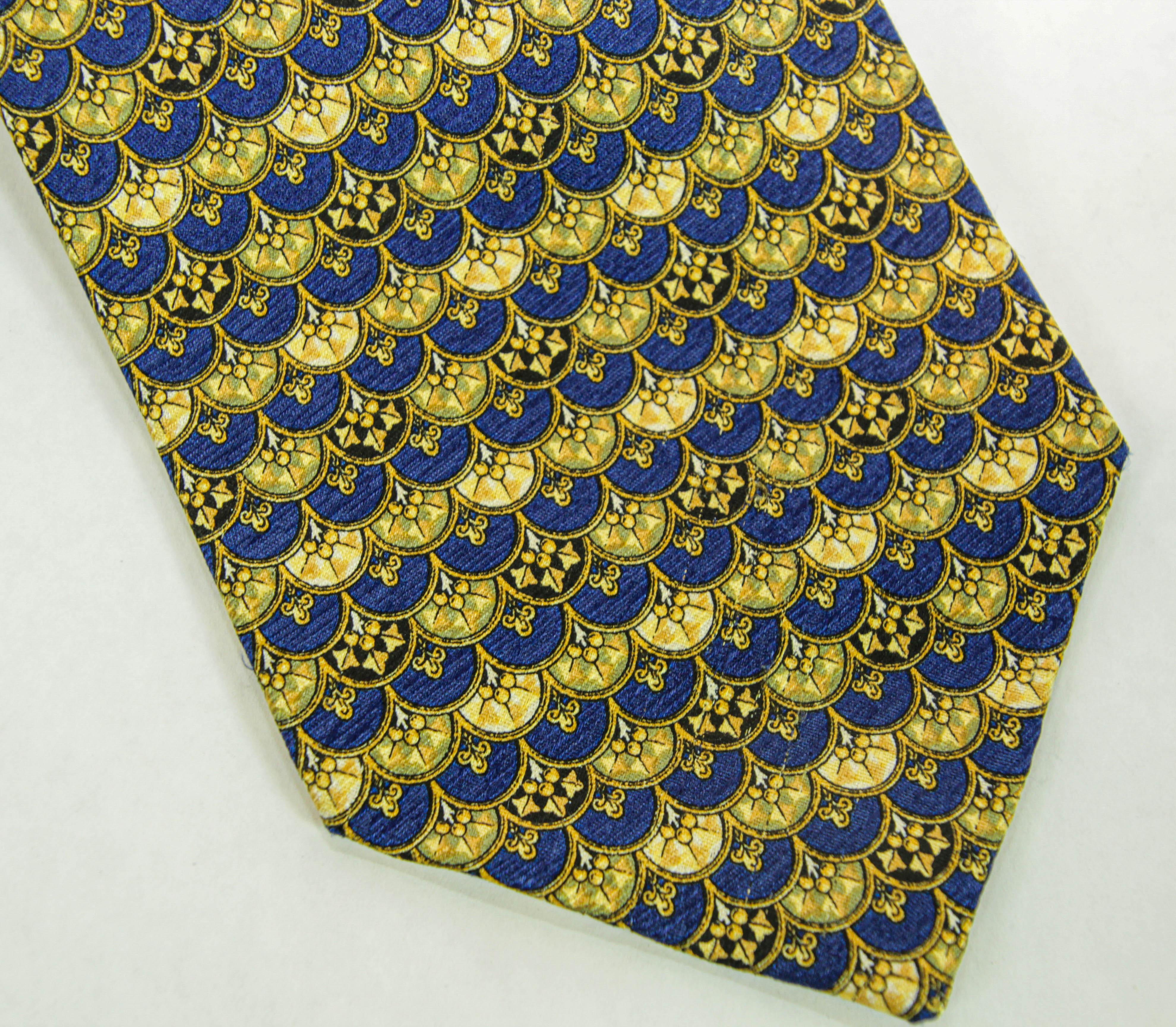 VALENTINO Gold and Blue Silk Necktie Made in Italy For Sale 2