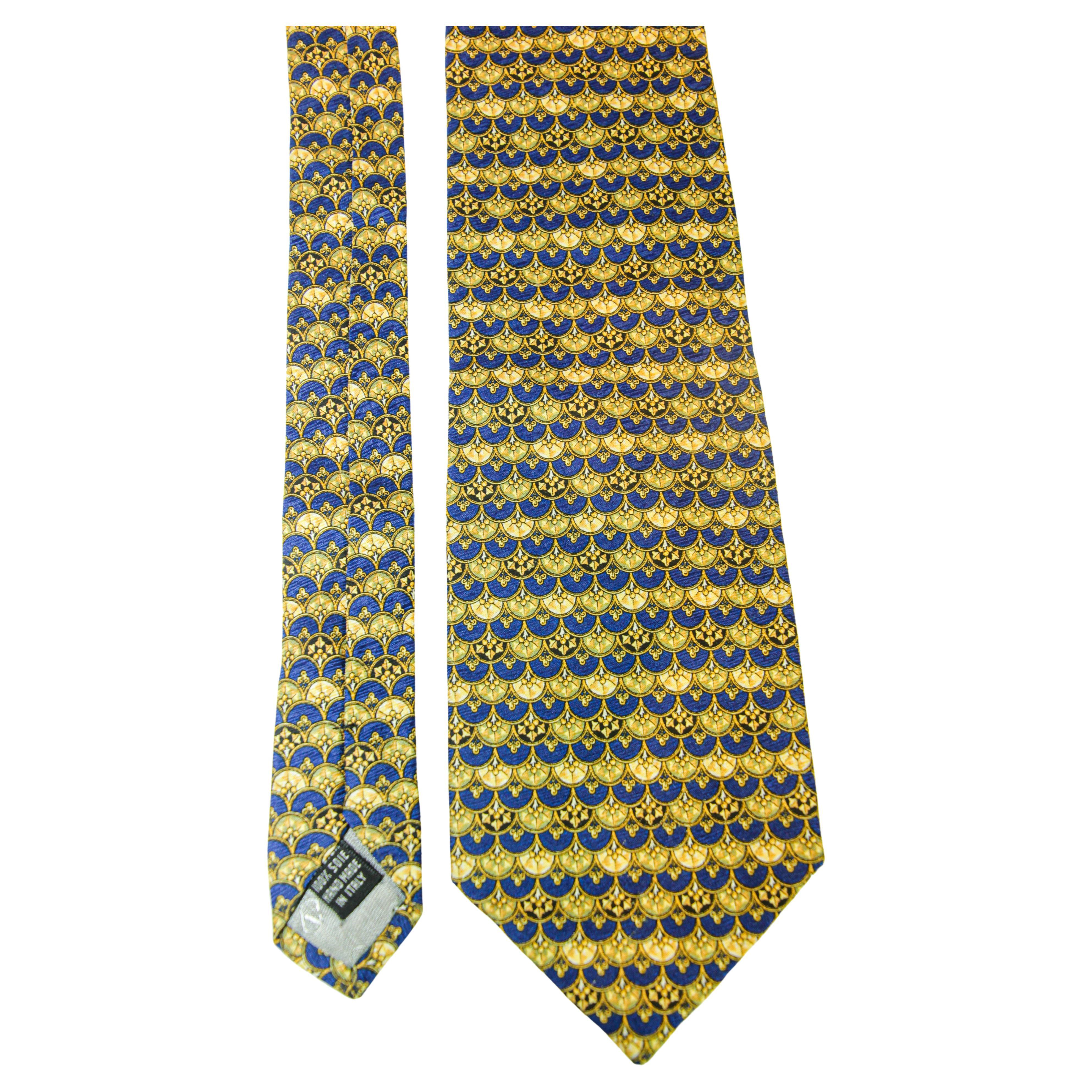 VALENTINO Gold and Blue Silk Necktie Made in Italy For Sale