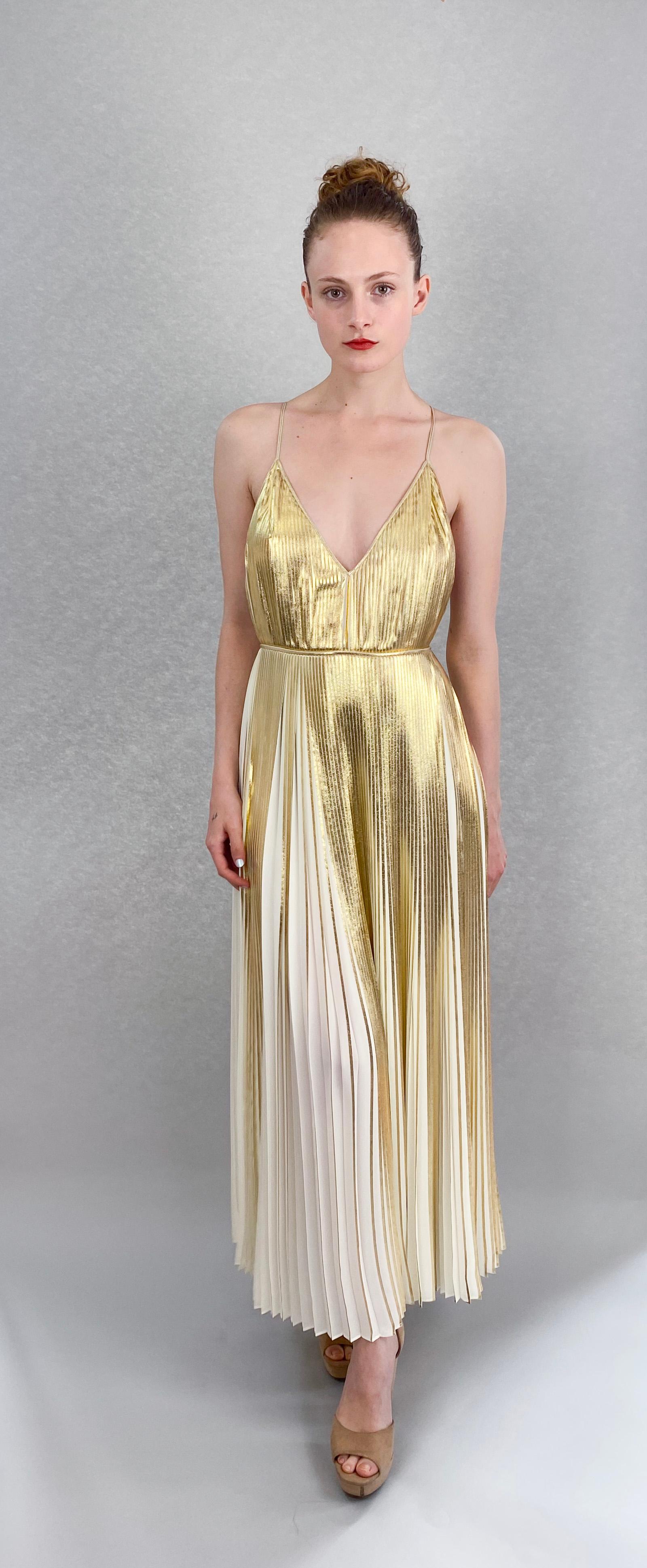 Women's Valentino Gold and White Metallic Pleated Dress For Sale