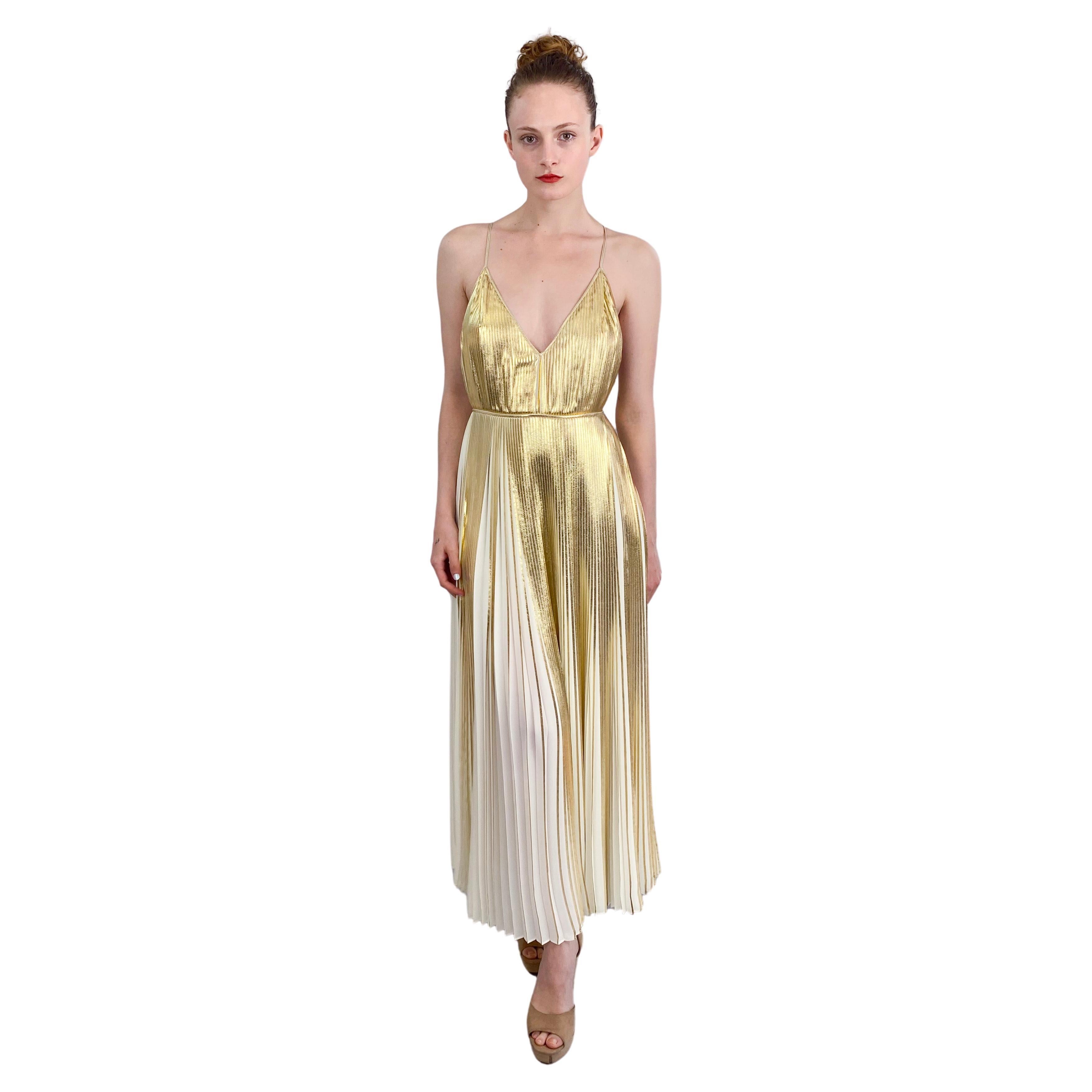 Valentino Gold and White Metallic Pleated Dress For Sale