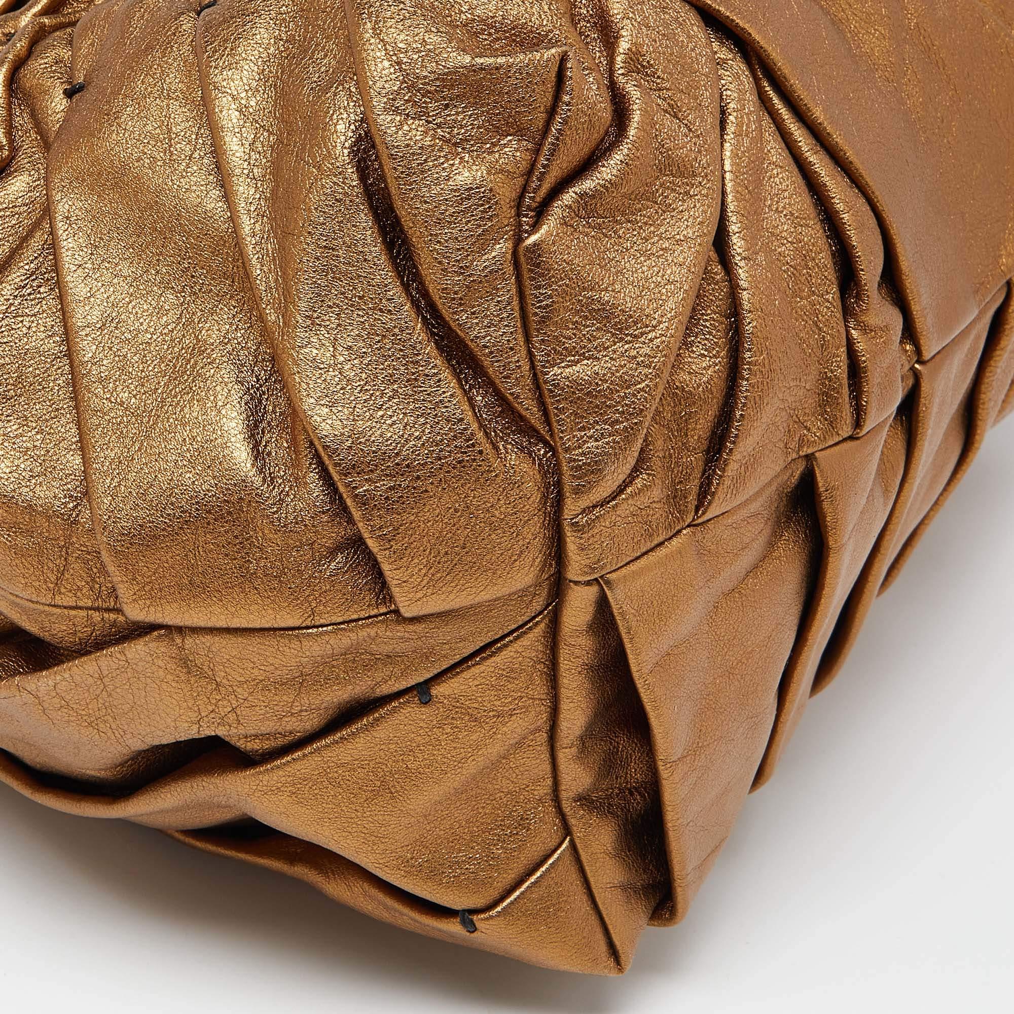 Women's Valentino Gold/Black Pleated Patent Leather Satchel
