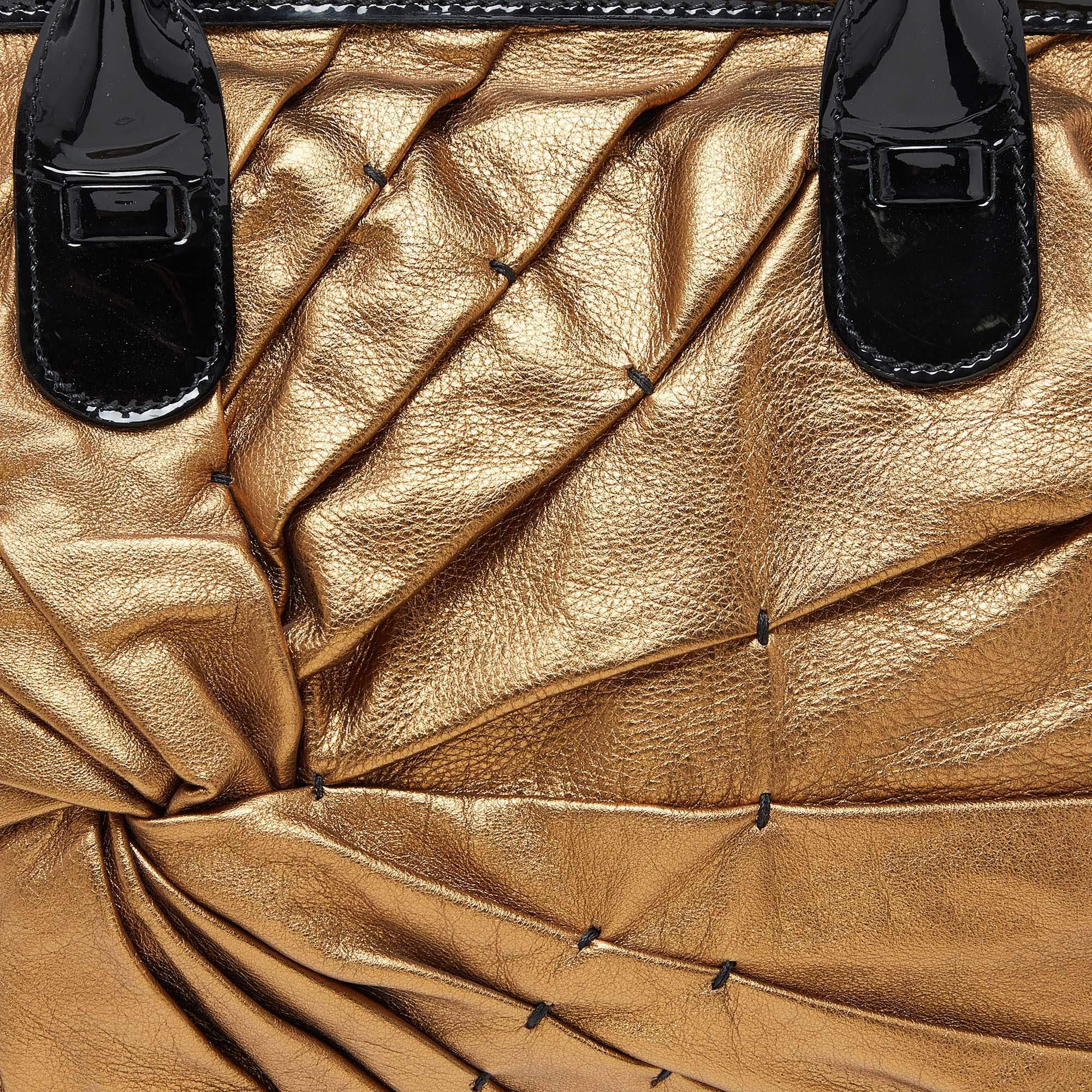 Valentino Gold/Black Pleated Patent Leather Satchel For Sale 2