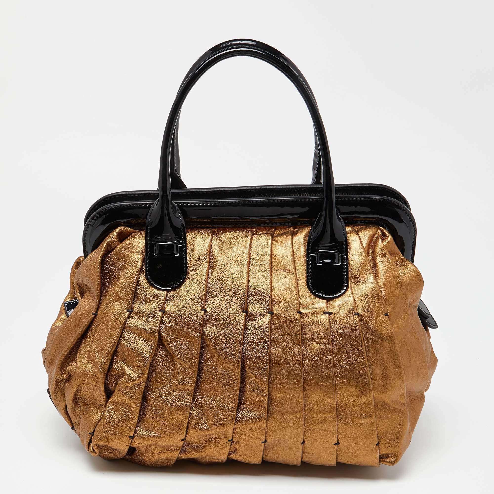 Valentino Gold/Black Pleated Patent Leather Satchel For Sale 3