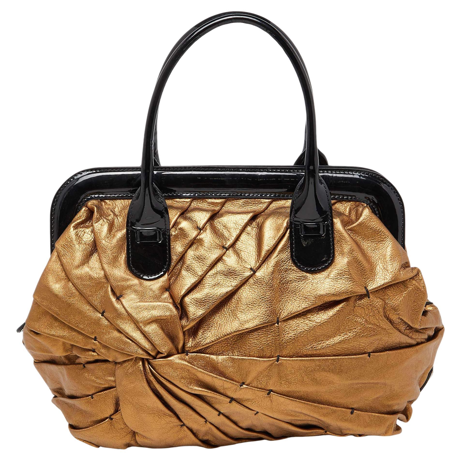 Valentino Gold/Black Pleated Patent Leather Satchel For Sale