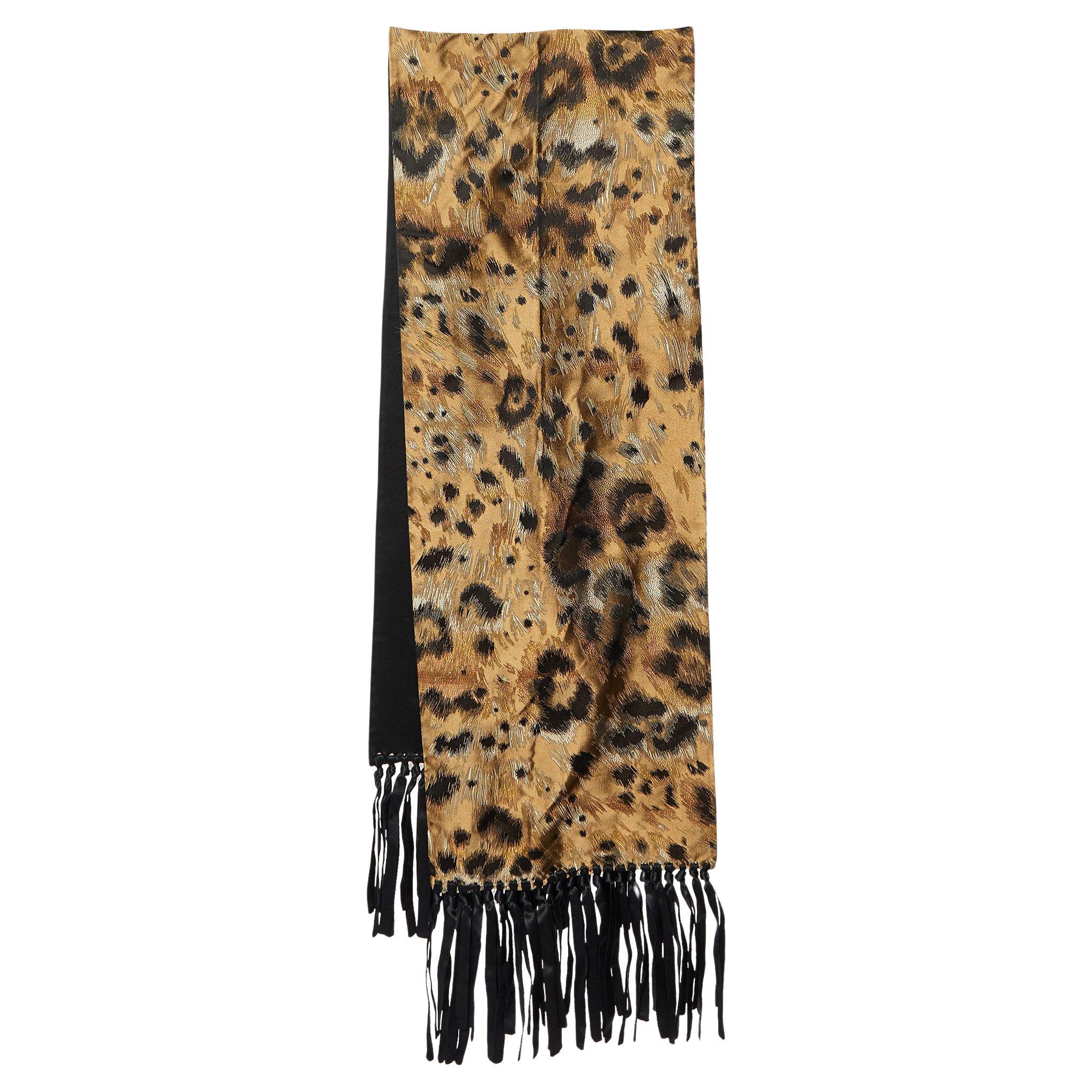 Valentino Gold & Black Silk Jacquard & Satin Two Faced Fringed Scarf For Sale