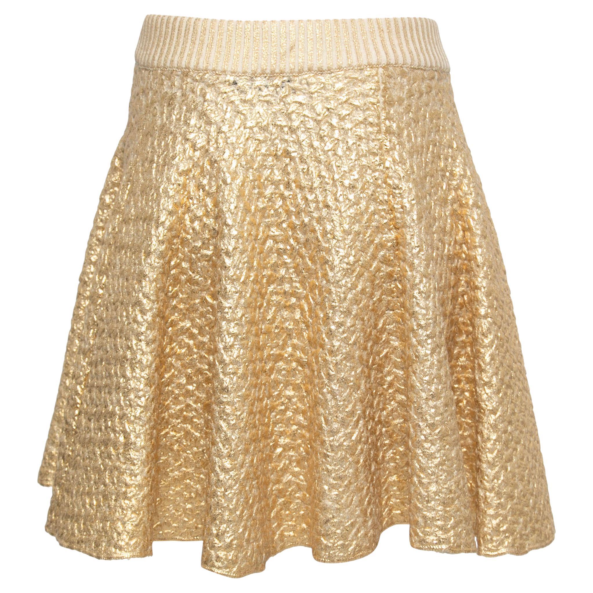 Valentino Gold Coated Wool Knit Skirt M For Sale