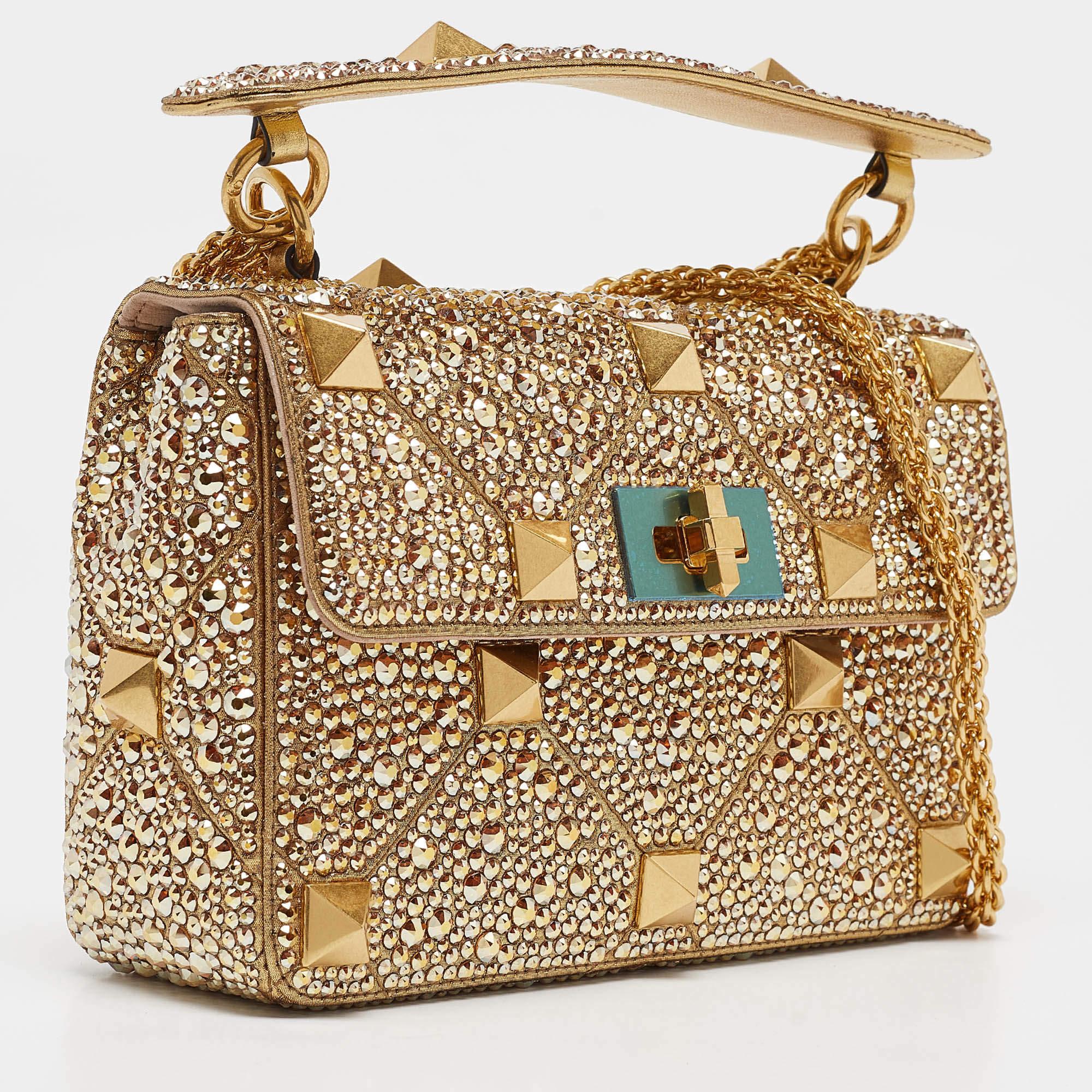 Brown Valentino Gold Crystal Studded Medium Roman Stud Top Handle Bag