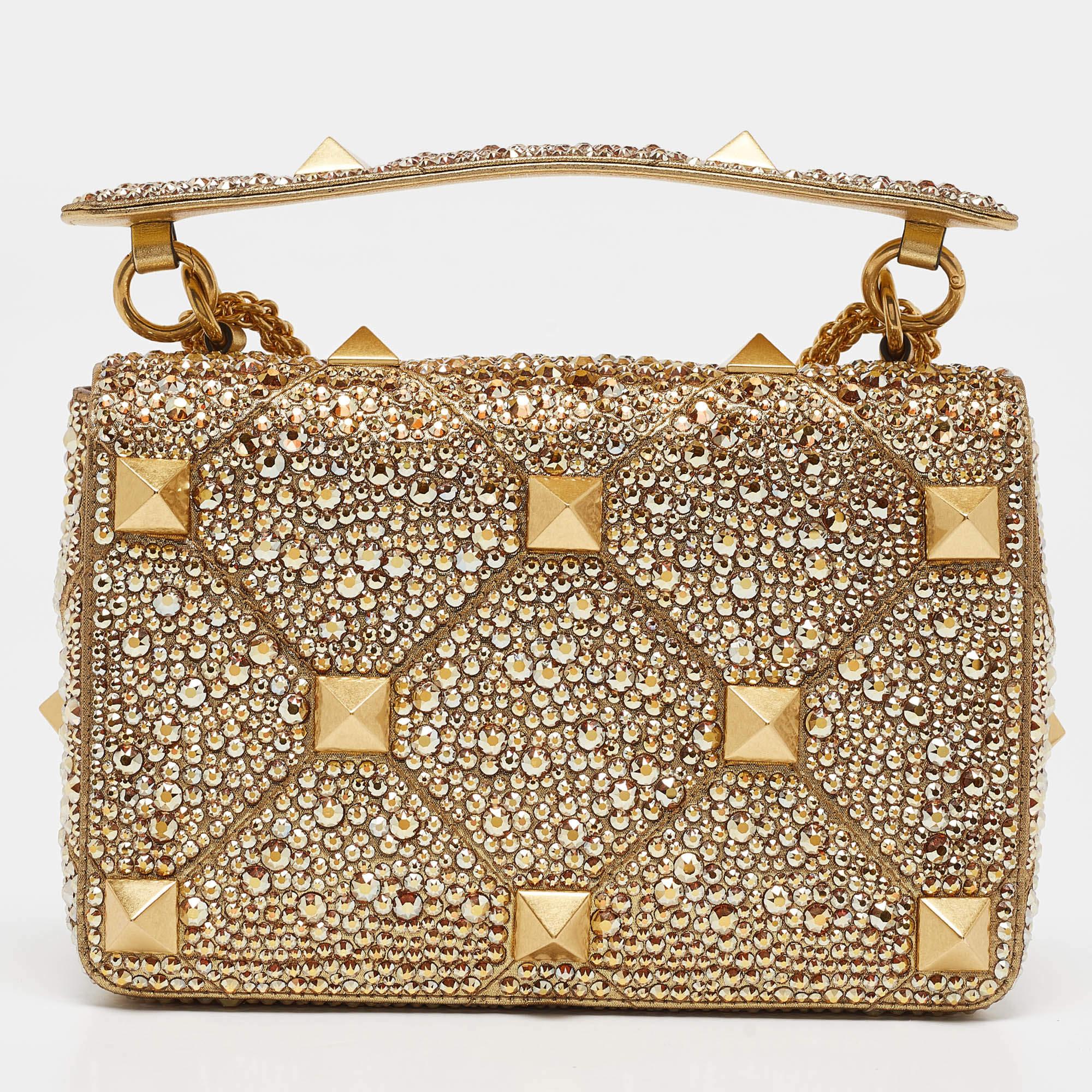 Valentino Gold Crystal Studded Medium Roman Stud Top Handle Bag In New Condition In Dubai, Al Qouz 2