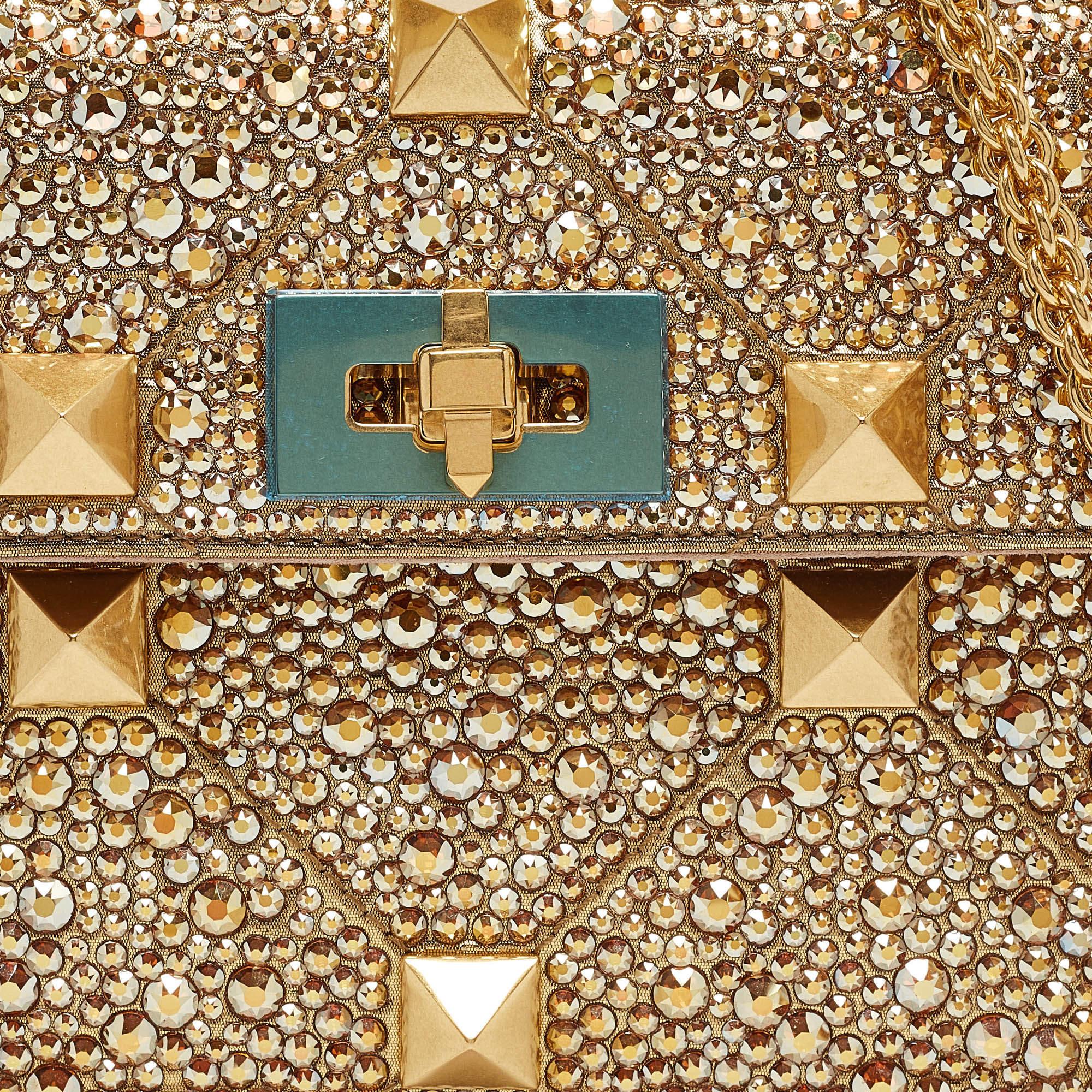 Women's Valentino Gold Crystal Studded Medium Roman Stud Top Handle Bag
