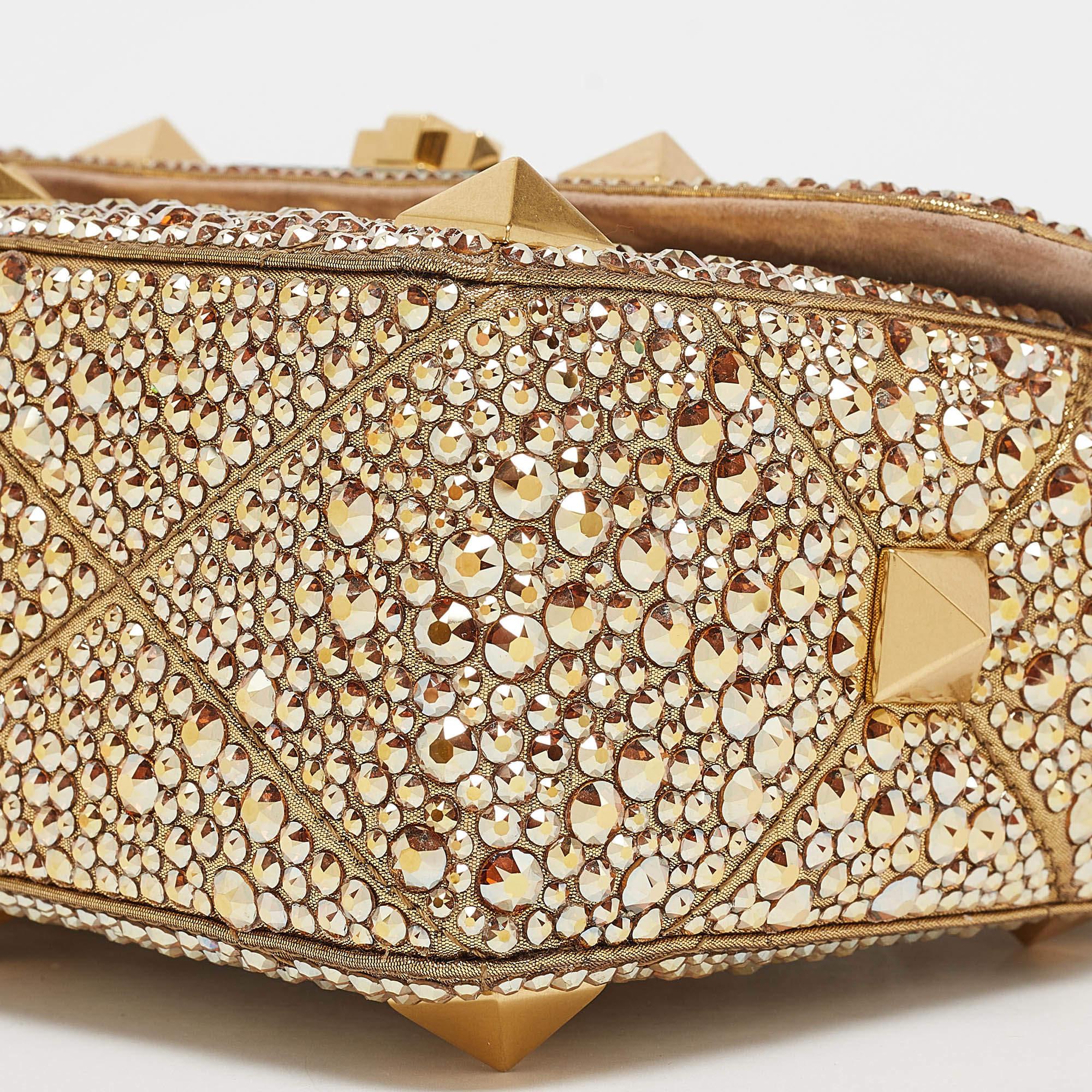 Valentino Gold Crystal Studded Medium Roman Stud Top Handle Bag 4