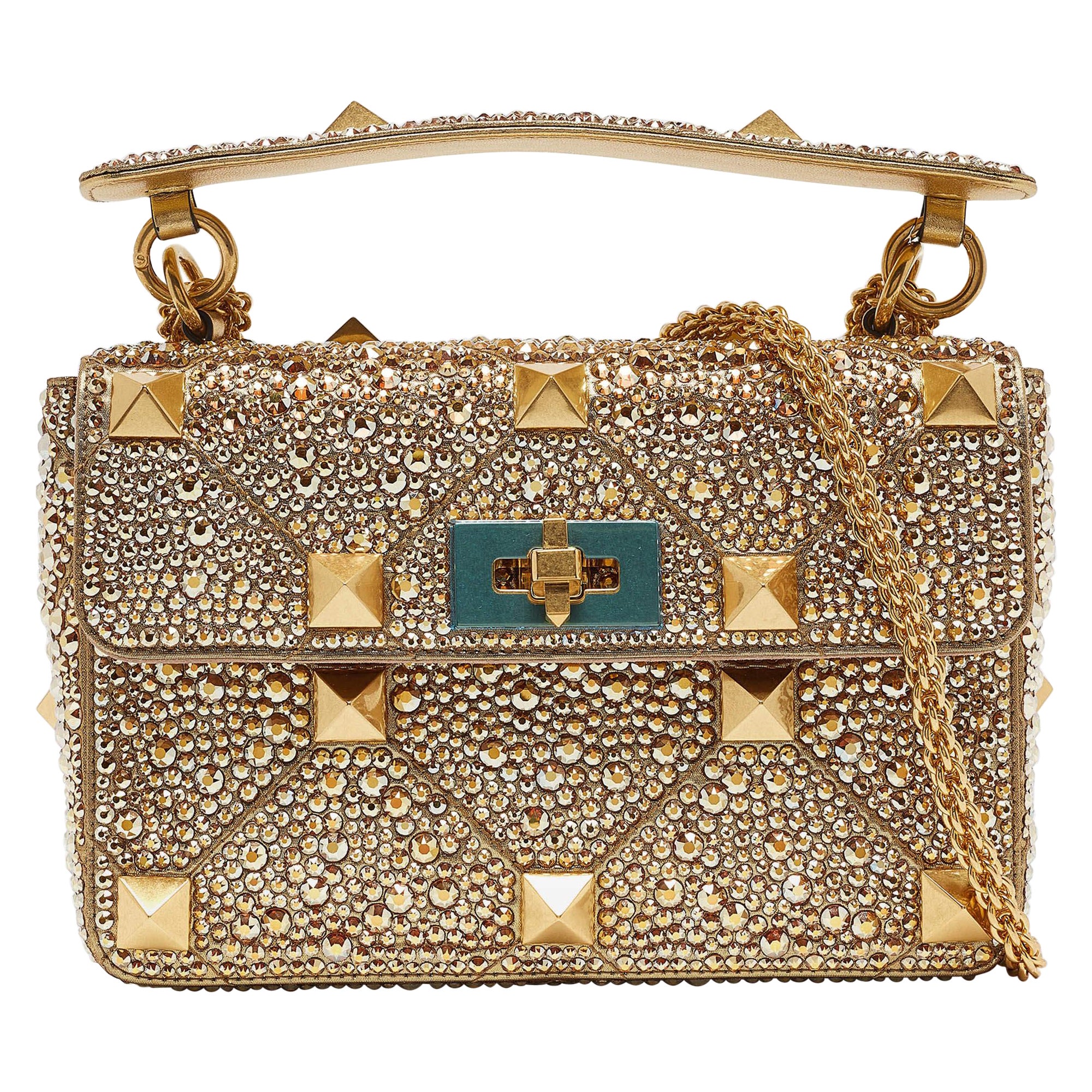 Valentino Gold Crystal Studded Medium Roman Stud Top Handle Bag