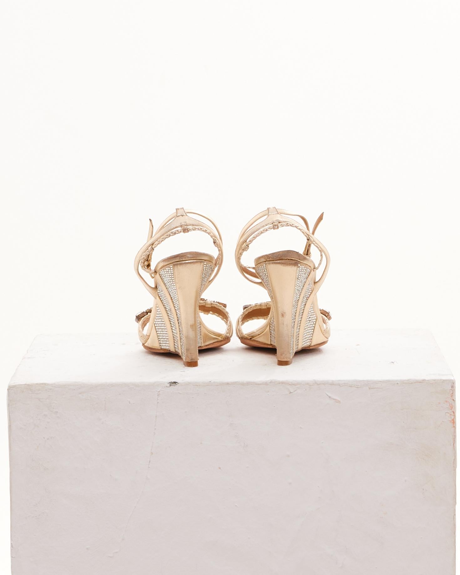 Beige Valentino Gold Emroidered Wedge Sandals For Sale