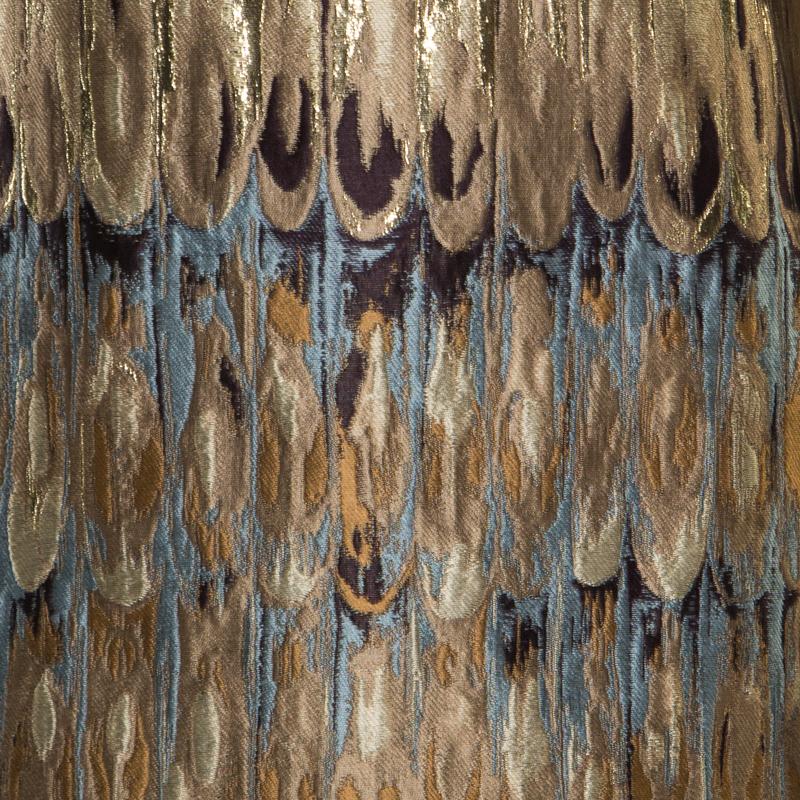 Brown Valentino Gold Feather Patterned Jacquard Lurex Insert Shift Dress M