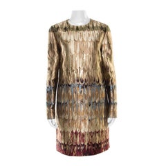 Valentino Gold Feather Patterned Jacquard Lurex Insert Shift Dress M