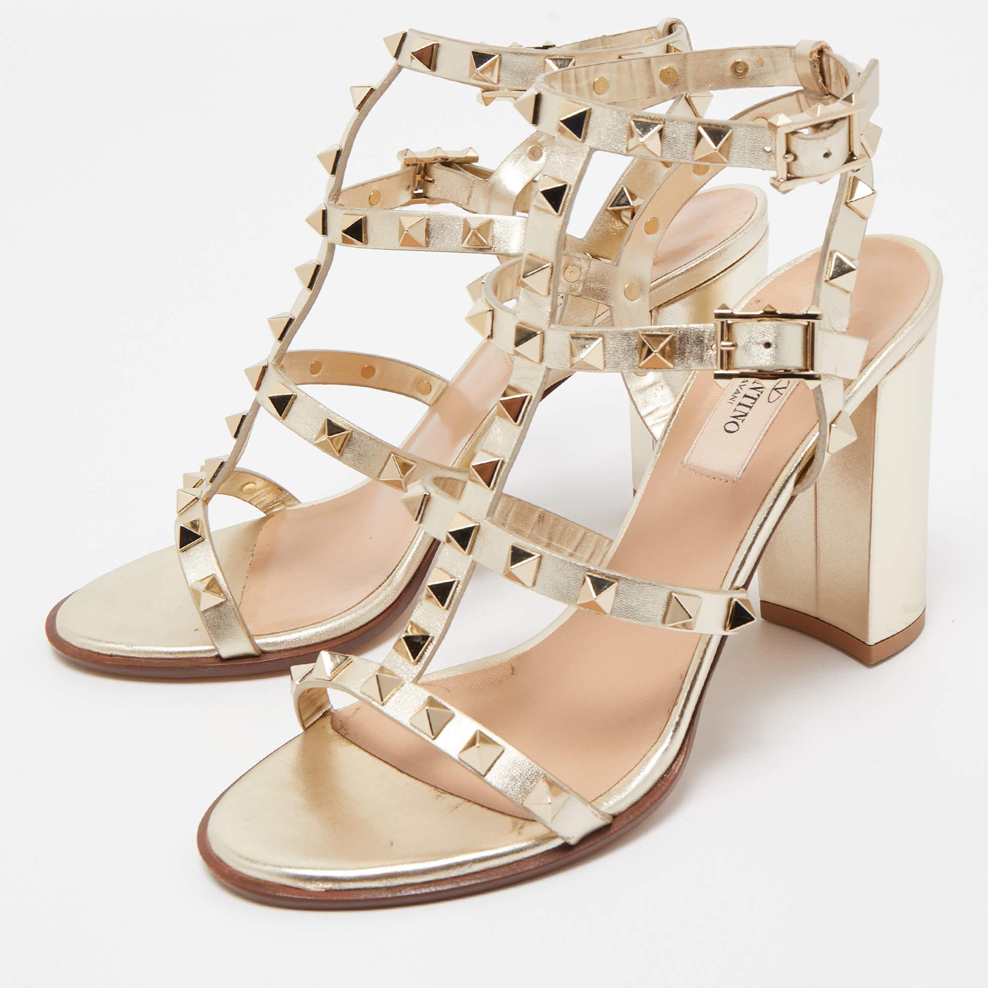 Women's Valentino Gold Foil Leather Rockstud Strappy Block Heel Sandals Size 37