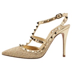 Valentino Gold Leather and Fabric Rockstud Ankle Strap Pumps Size 37.5