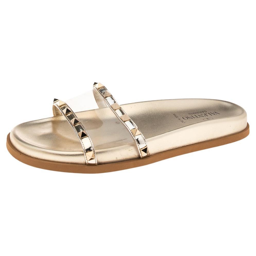 Valentino Gold Leather And PVC Rockstud Pool Slide Flat Size 39 at