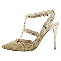 Valentino Gold Leather and Woven Fabric Rockstud Strappy Pointed Toe Pumps Size 