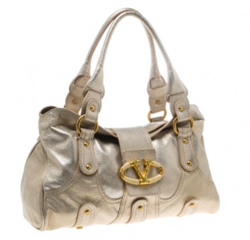 Valentino Gold Leder Crystal Catch Satchel mit Kristall im Angebot 1