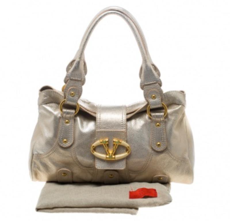 Valentino Gold Leder Crystal Catch Satchel mit Kristall im Angebot 3
