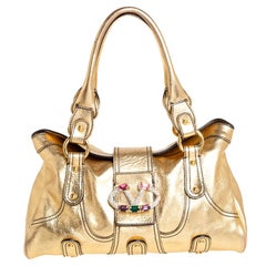 Valentino Gold Leather Crystal-Embellished Catch Satchel