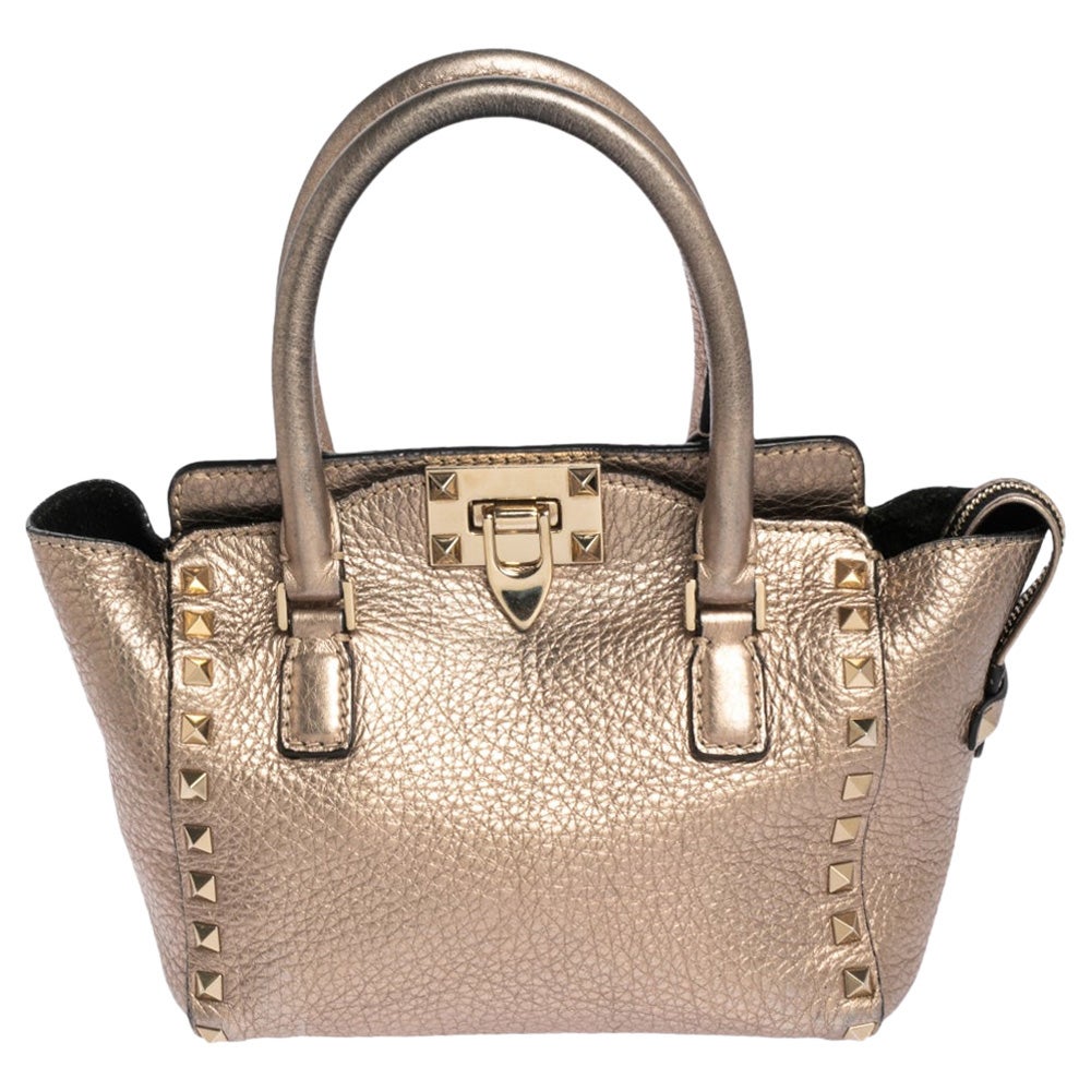 Valentino - Mini sac cabas trapèze Rockstud en cuir doré