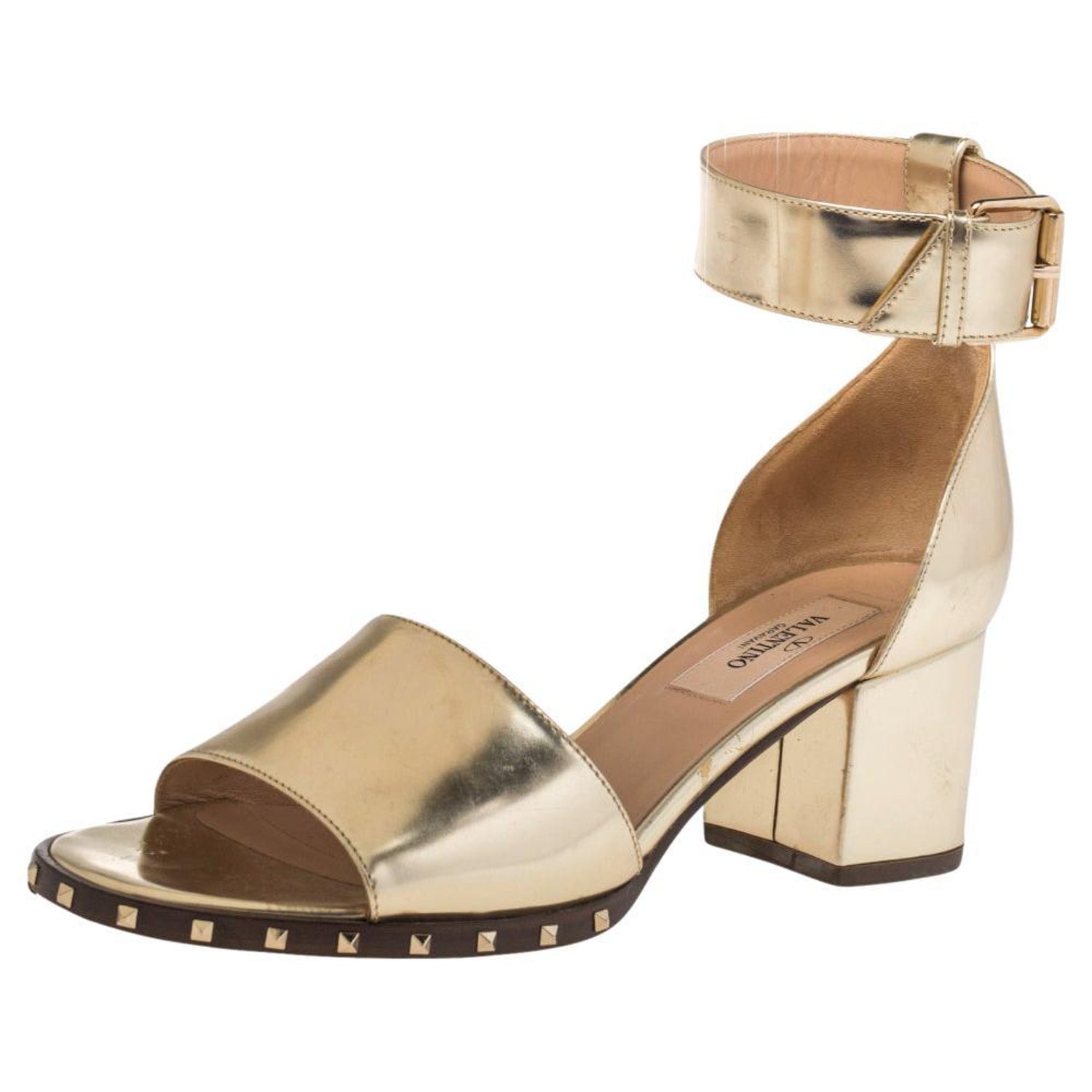 Valentino Gold Leather Rockstud Ankle Cuff Sandals Size 35.5 at 1stDibs