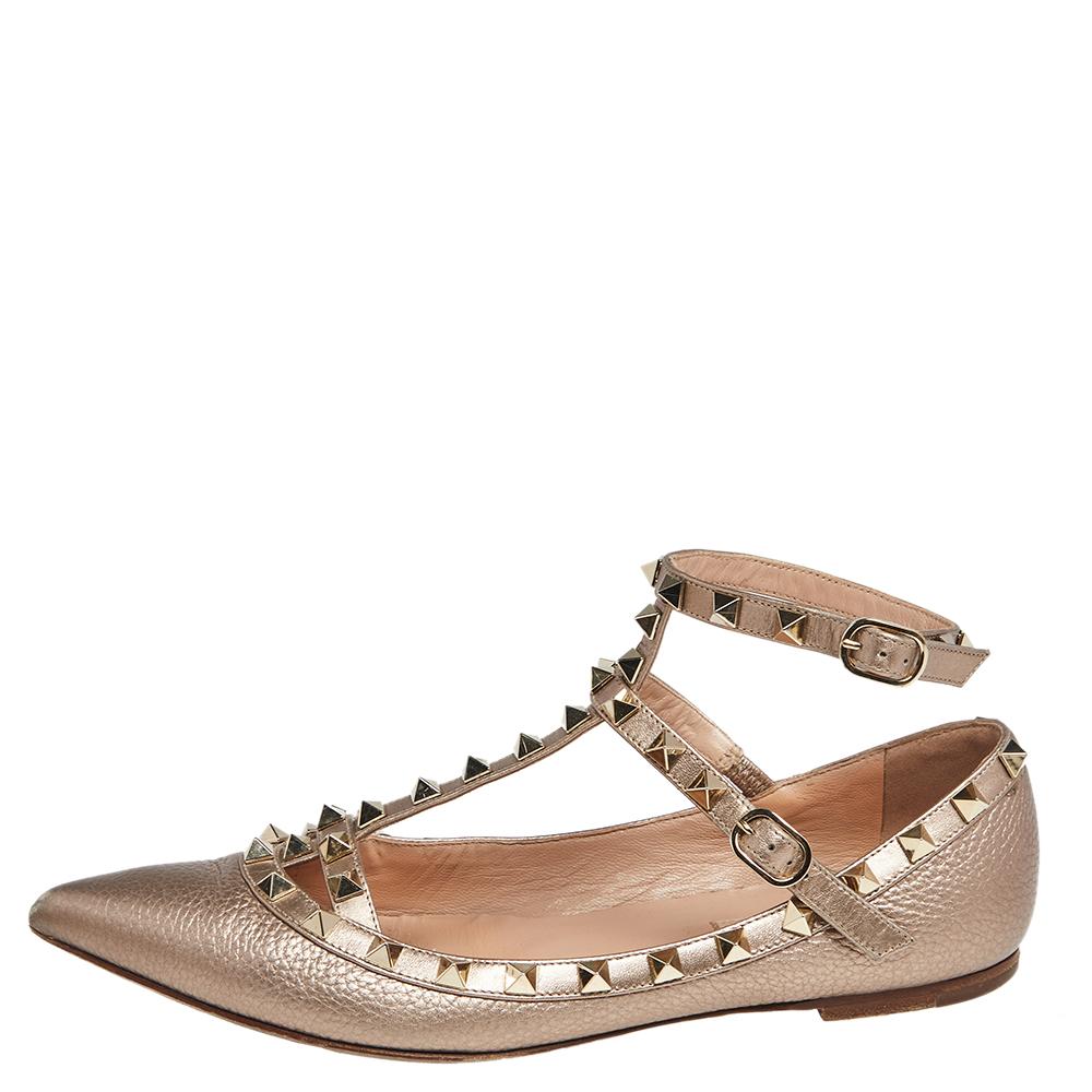 Brown Valentino Gold Leather Rockstud Ankle Strap Ballet Flats Size 37.5
