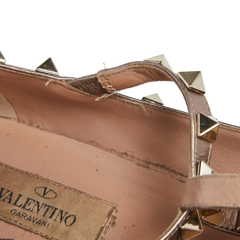 Women's Valentino Gold Leather Rockstud Ankle Strap Ballet Flats Size 37.5