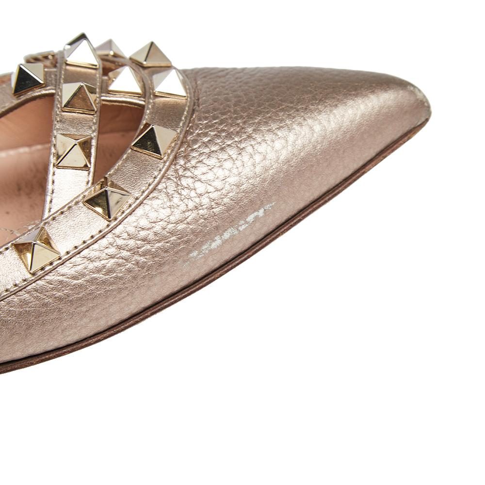 Valentino Gold Leather Rockstud Ankle Strap Ballet Flats Size 37.5 1