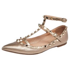 Valentino Gold Leather Rockstud Ankle Strap Ballet Flats Size 37.5