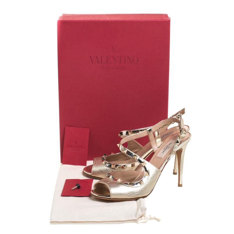 Valentino Gold Leather Rockstud Cross Strap Sandals Size 37 4