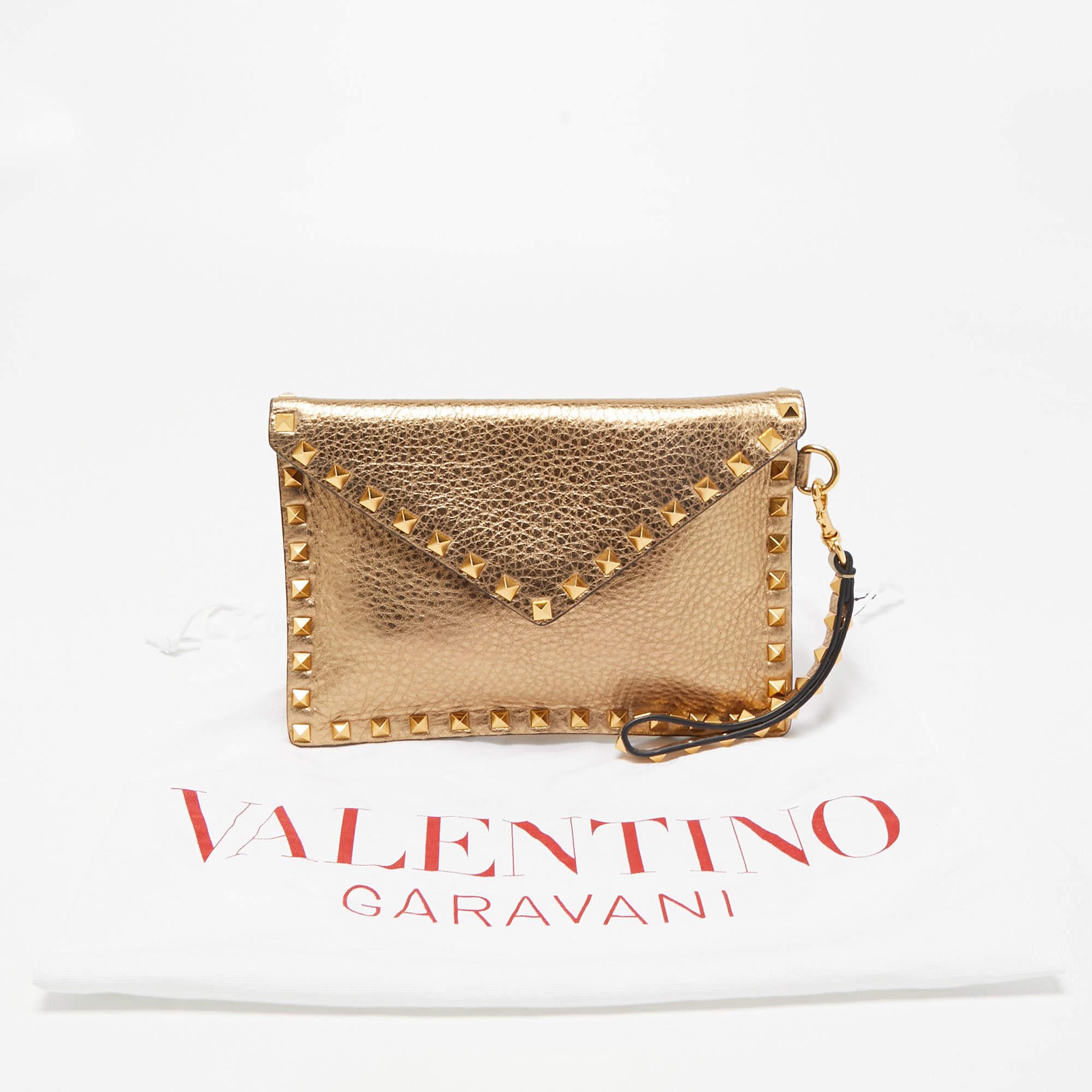 Valentino Gold Leather Rockstud Envelope Wristlet Clutch 5