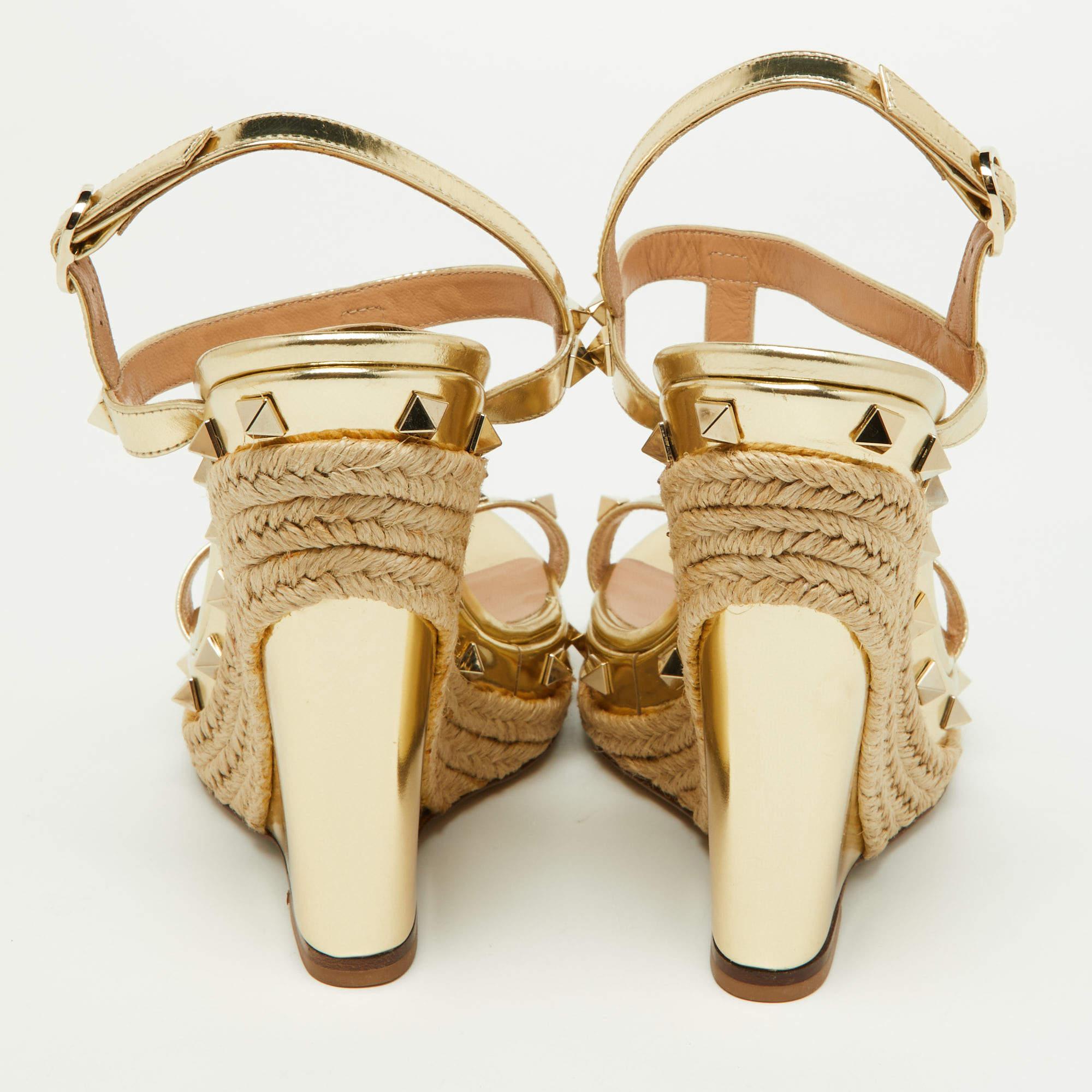 Valentino Gold Leather Rockstud Espadrille Wedge Platform Sandals Size 38.5 2