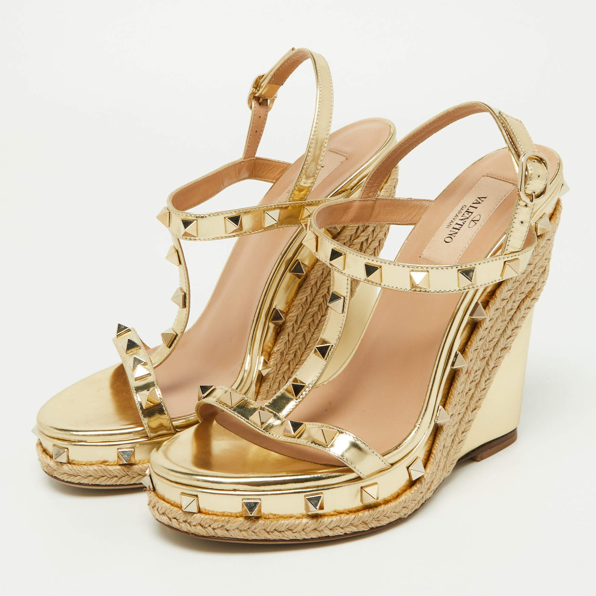 Valentino Gold Leather Rockstud Espadrille Wedge Platform Sandals Size 38.5 4