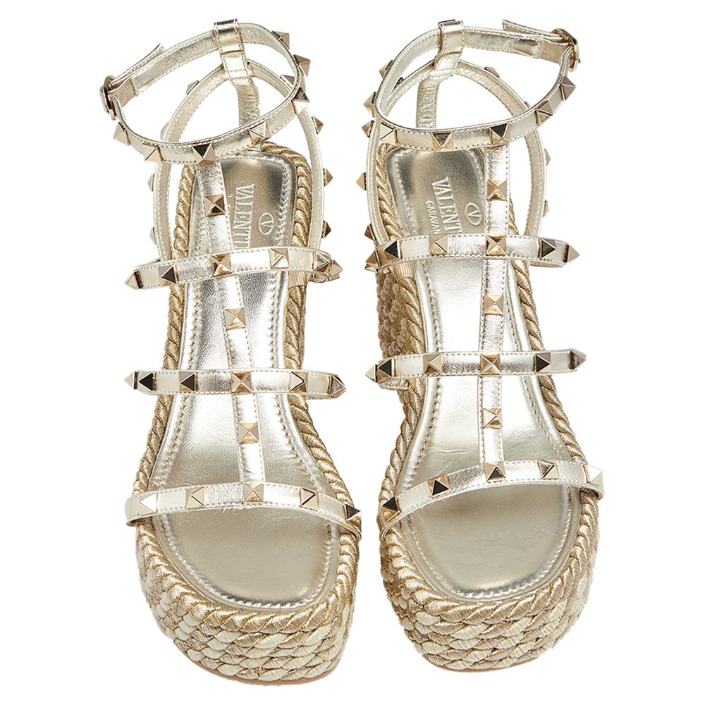 Women's Valentino Gold Leather Rockstud Rope Wedge Sandals Size 39