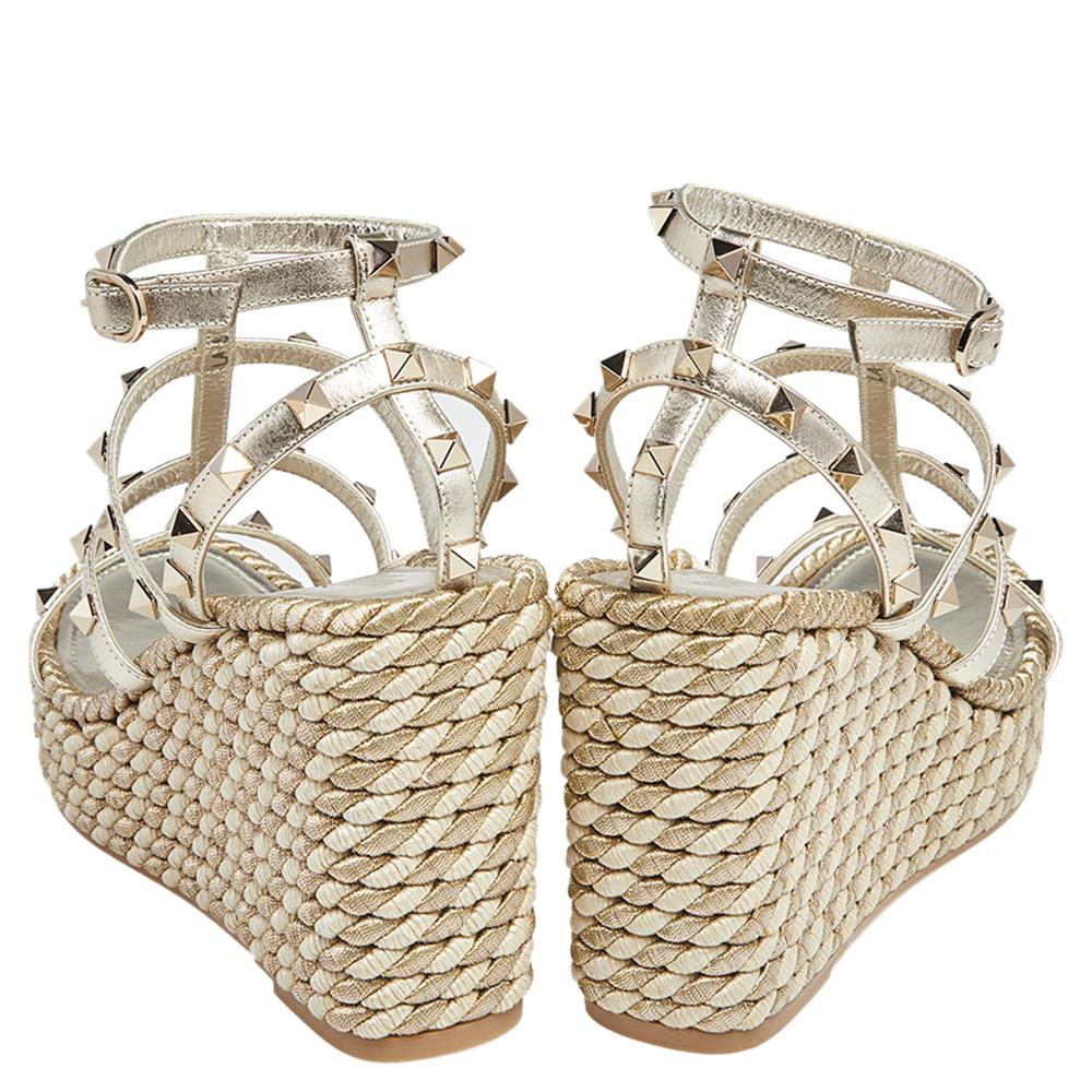 Valentino Gold Leather Rockstud Rope Wedge Sandals Size 39 2