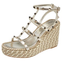 Valentino Gold Leather Rockstud Rope Wedge Sandals Size 39