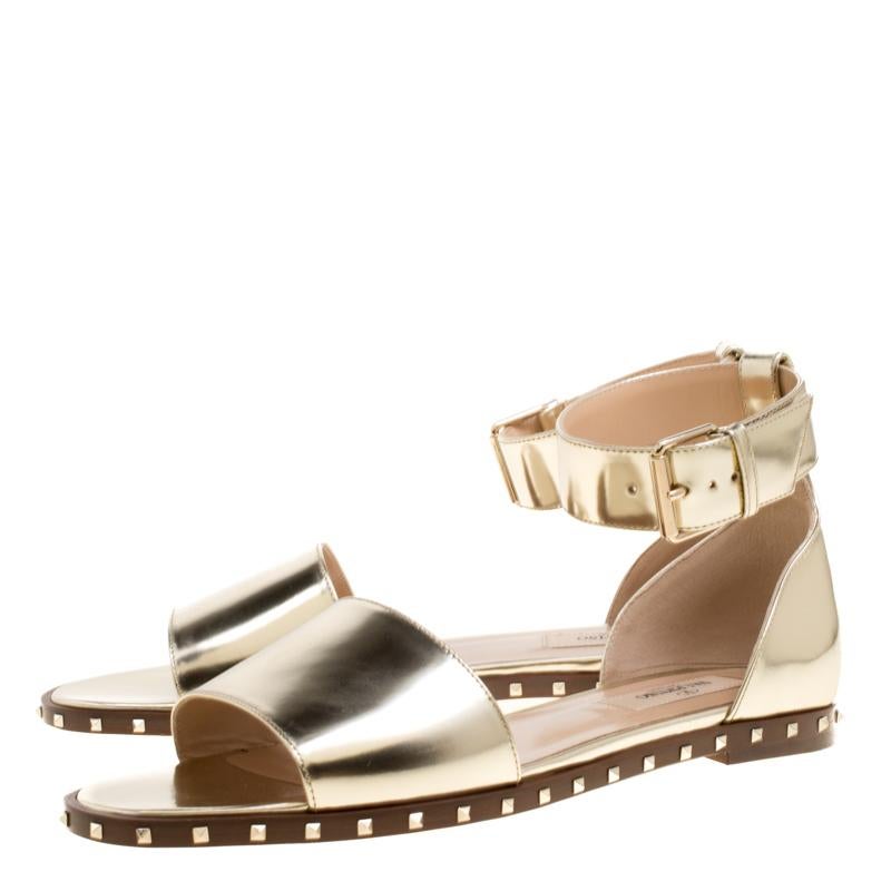 Women's Valentino Gold Leather Soul Rockstud Ankle Strap Flat Sandals Size 37.5