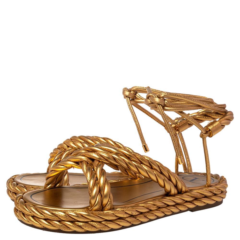 Valentino Gold Leather The Rope Ankle Wrap Flat Sandals Size 40 at