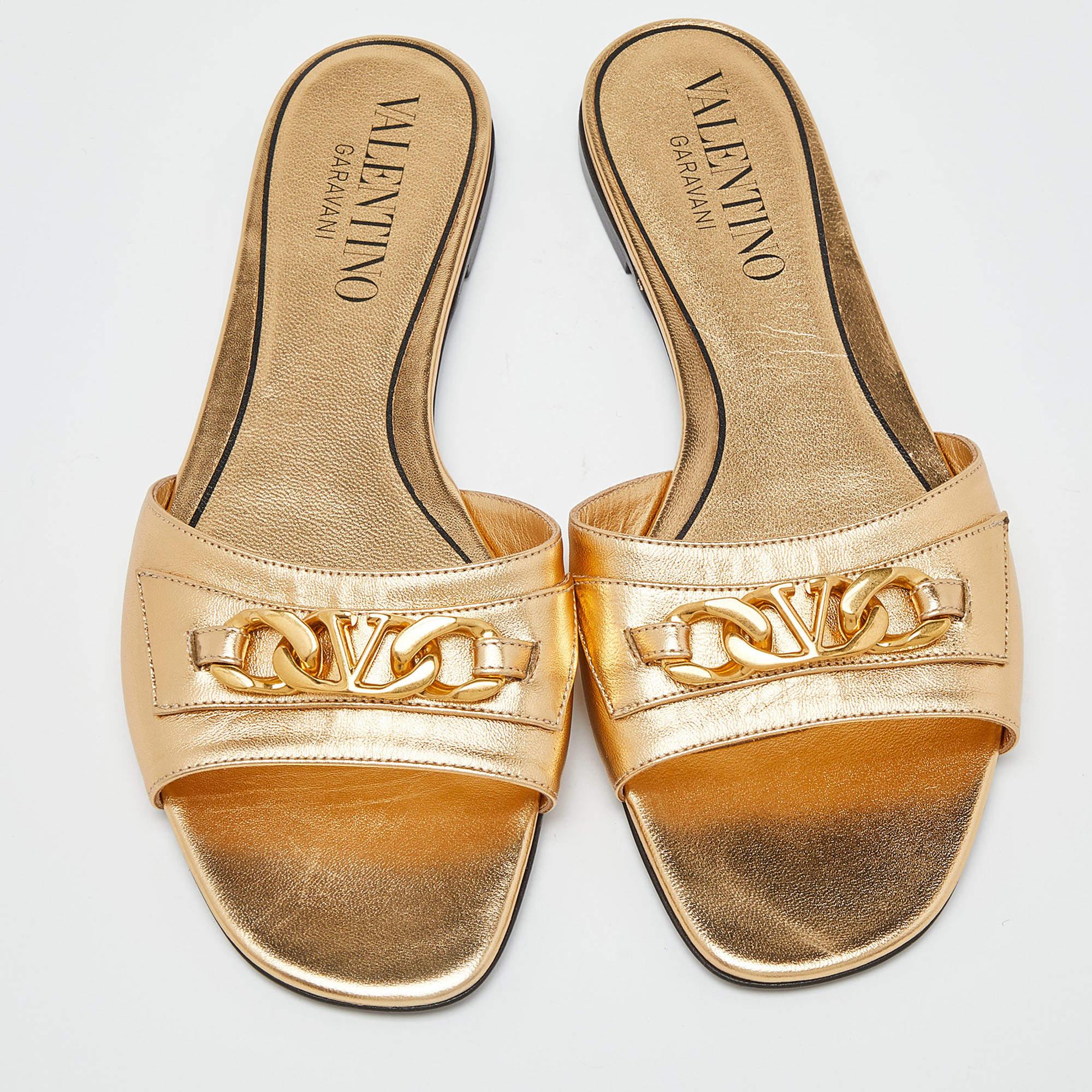 Women's Valentino Gold Leather VLogo Flat Slides 