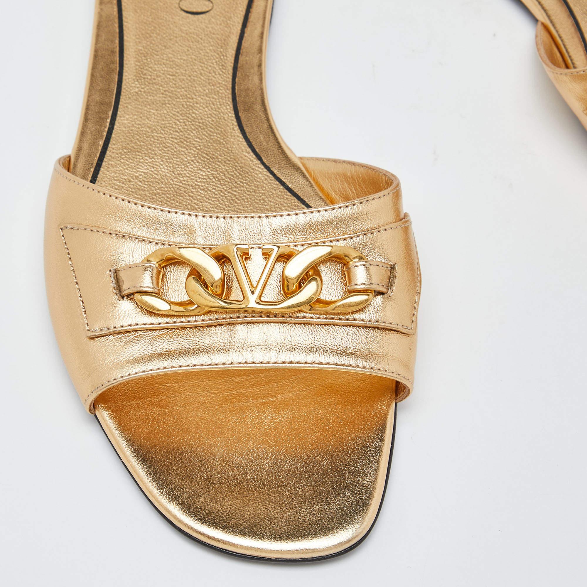 Valentino Gold Leather VLogo Flat Slides  3