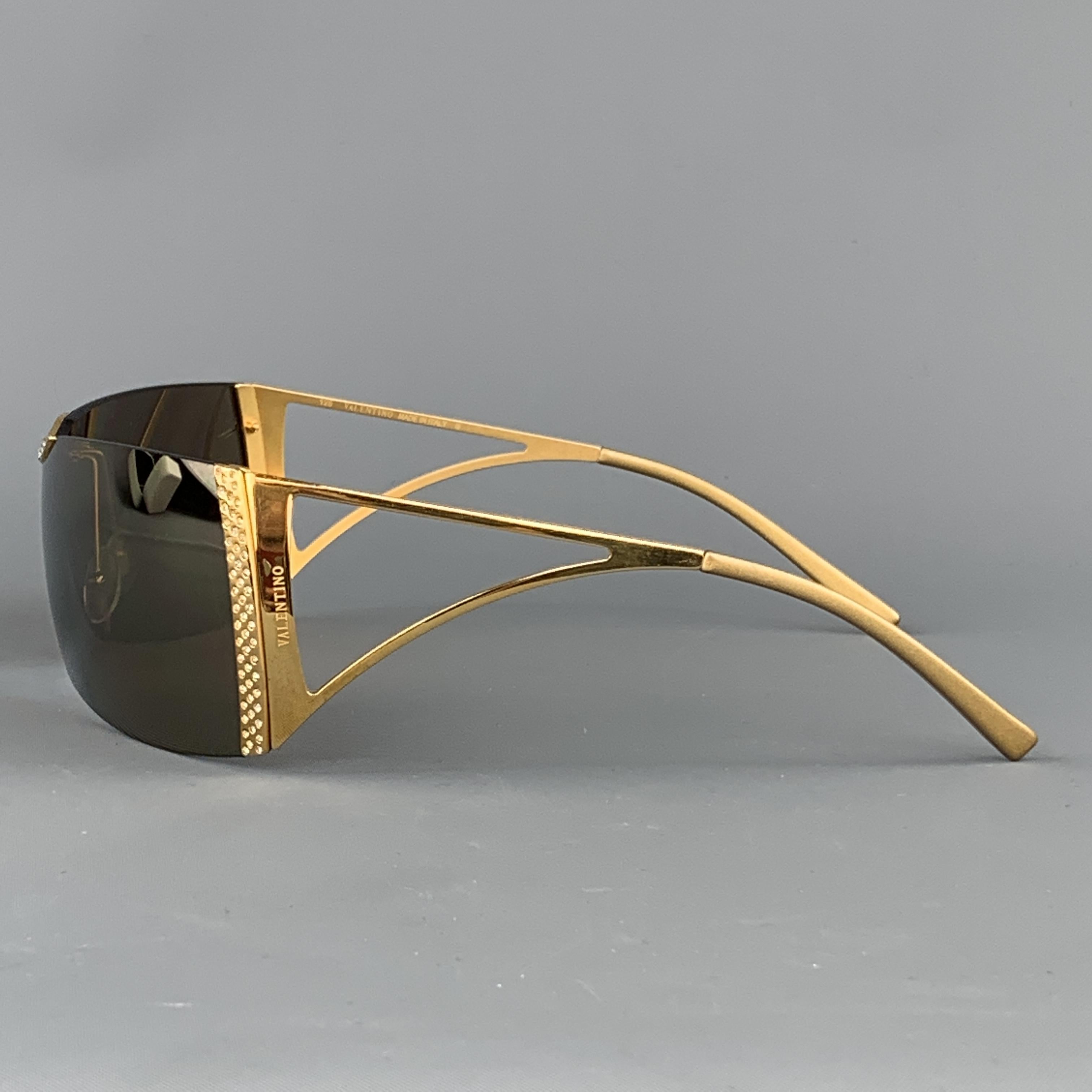 VALENTINO Gold Metal Rhinestone Metallic Sheild Sunglasses In Good Condition In San Francisco, CA
