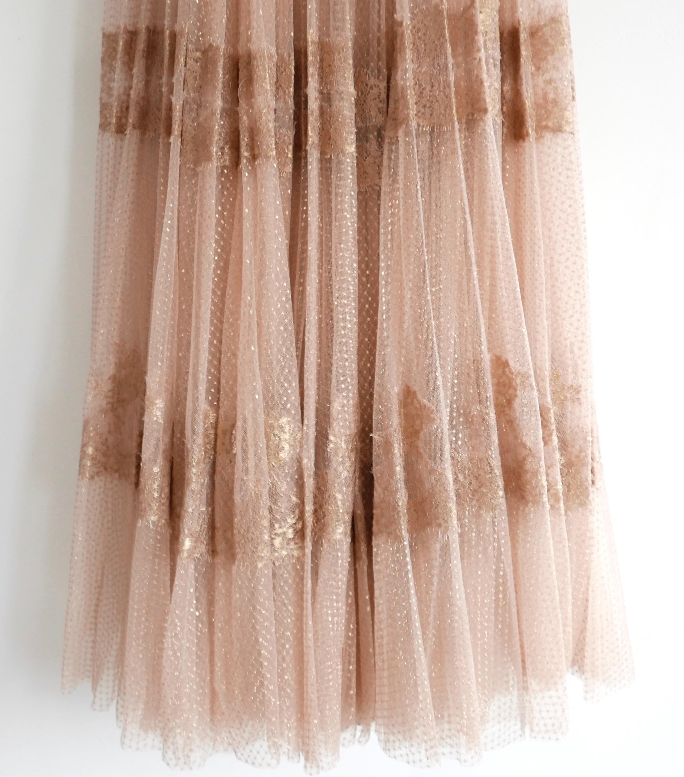 Beige Valentino Gold/Nude Tiered Tulle Lace Gown Dress For Sale